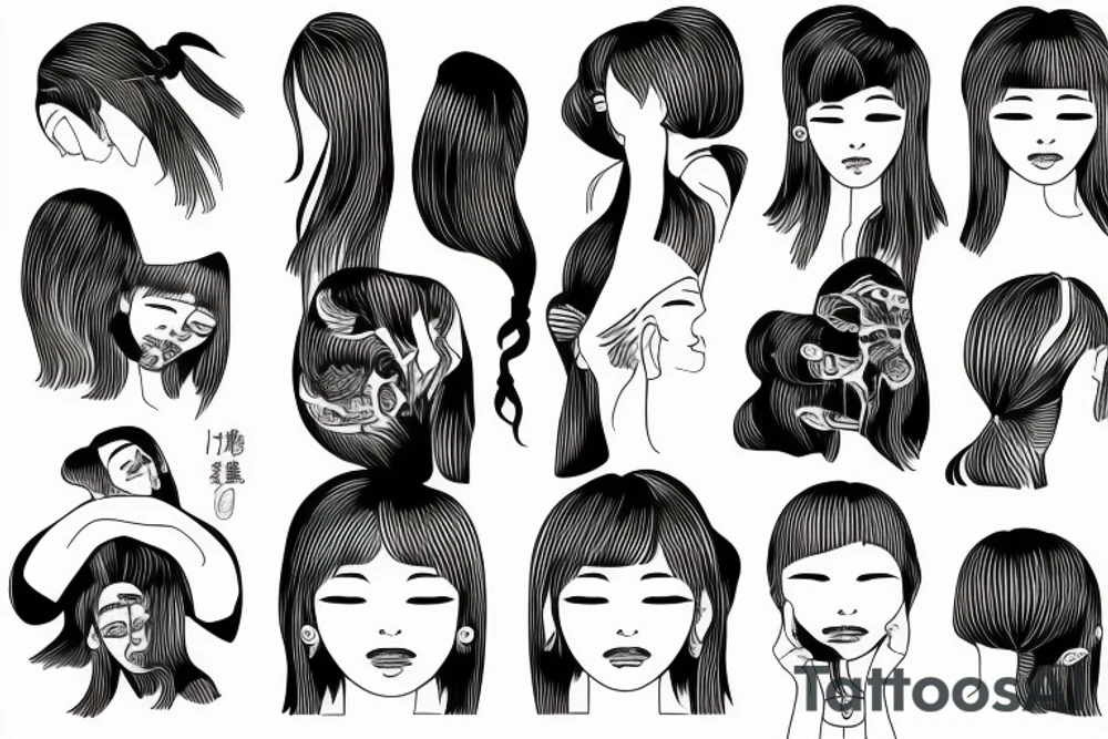 Japanese woman holding her own head with a string tattoo idea