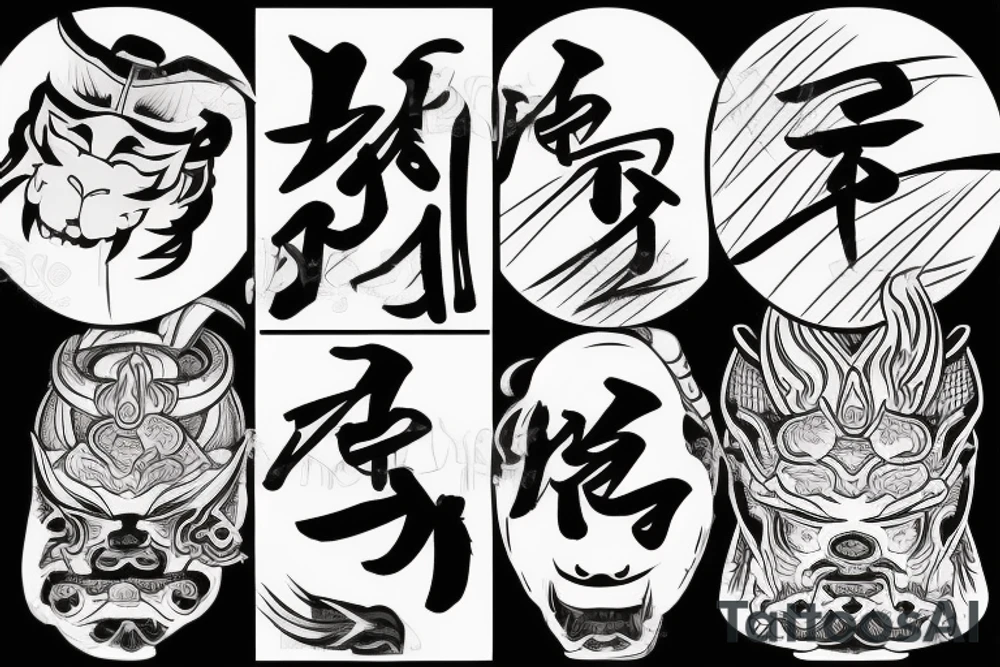 samurai with oni mask tattoo in Japanese style, behind pagoda and sakura tree tattoo idea