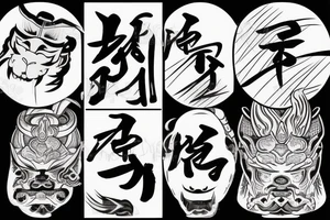 samurai with oni mask tattoo in Japanese style, behind pagoda and sakura tree tattoo idea
