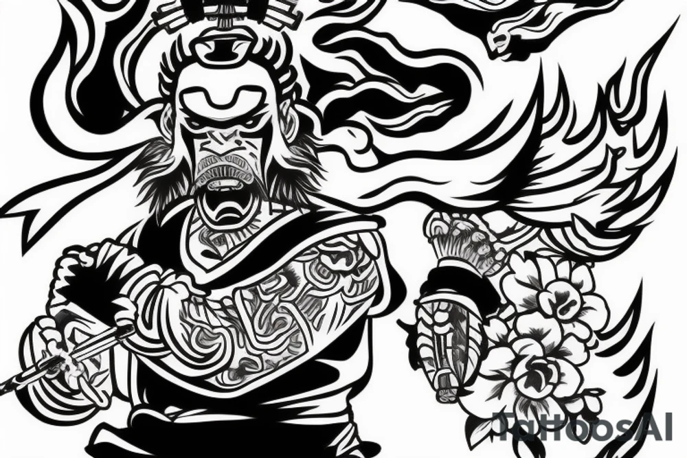 samurai with oni mask tattoo in Japanese style, behind pagoda and sakura tree tattoo idea