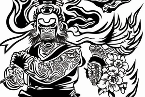 samurai with oni mask tattoo in Japanese style, behind pagoda and sakura tree tattoo idea