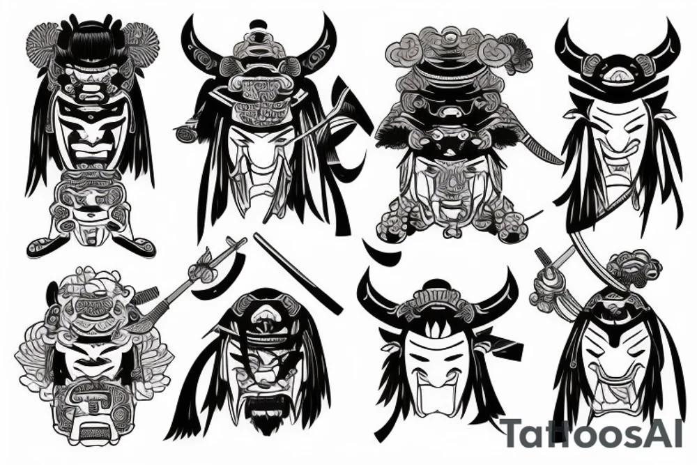 samurai with oni mask tattoo in Japanese style, behind pagoda and sakura tree tattoo idea