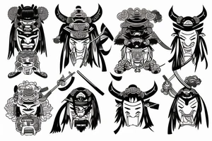 samurai with oni mask tattoo in Japanese style, behind pagoda and sakura tree tattoo idea