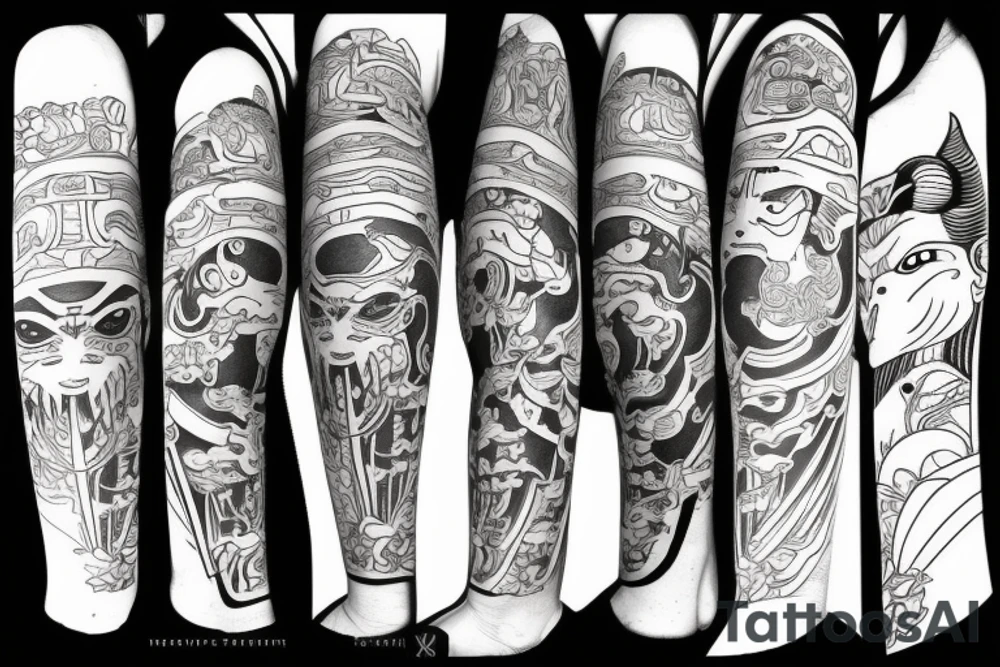 samurai with oni mask tattoo in Japanese style, behind pagoda and sakura tree tattoo idea