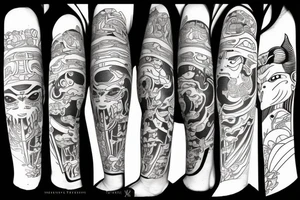 samurai with oni mask tattoo in Japanese style, behind pagoda and sakura tree tattoo idea