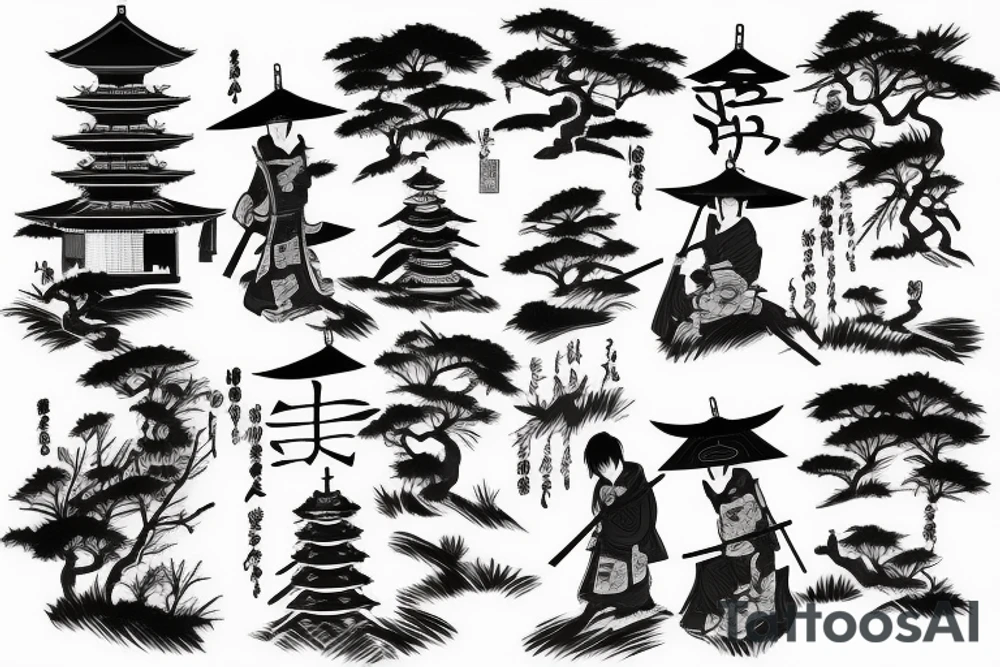 samurai in Japanese style, behind pagoda and sakura tree tattoo idea
