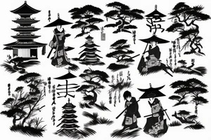 samurai in Japanese style, behind pagoda and sakura tree tattoo idea