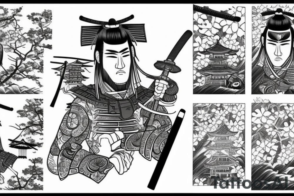 samurai in Japanese style, behind pagoda and sakura tree tattoo idea