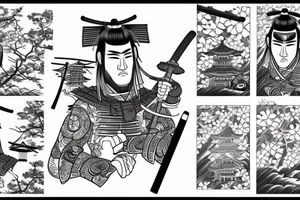 samurai in Japanese style, behind pagoda and sakura tree tattoo idea