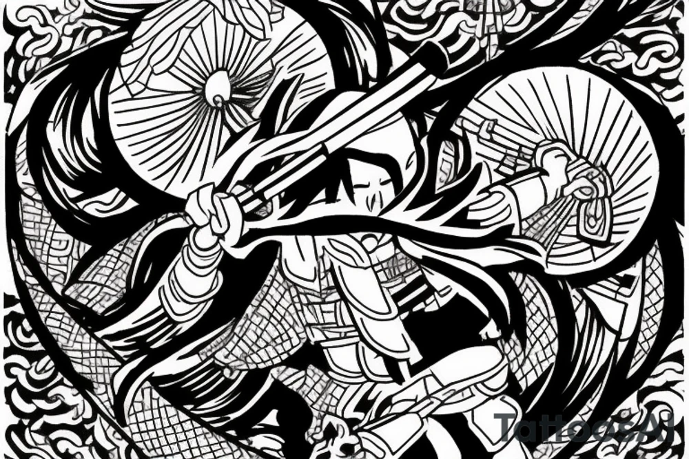 samurai in Japanese style, behind pagoda and sakura tree tattoo idea