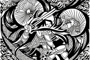 samurai in Japanese style, behind pagoda and sakura tree tattoo idea