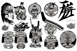 samurai in Japanese style, behind pagoda and sakura tree tattoo idea