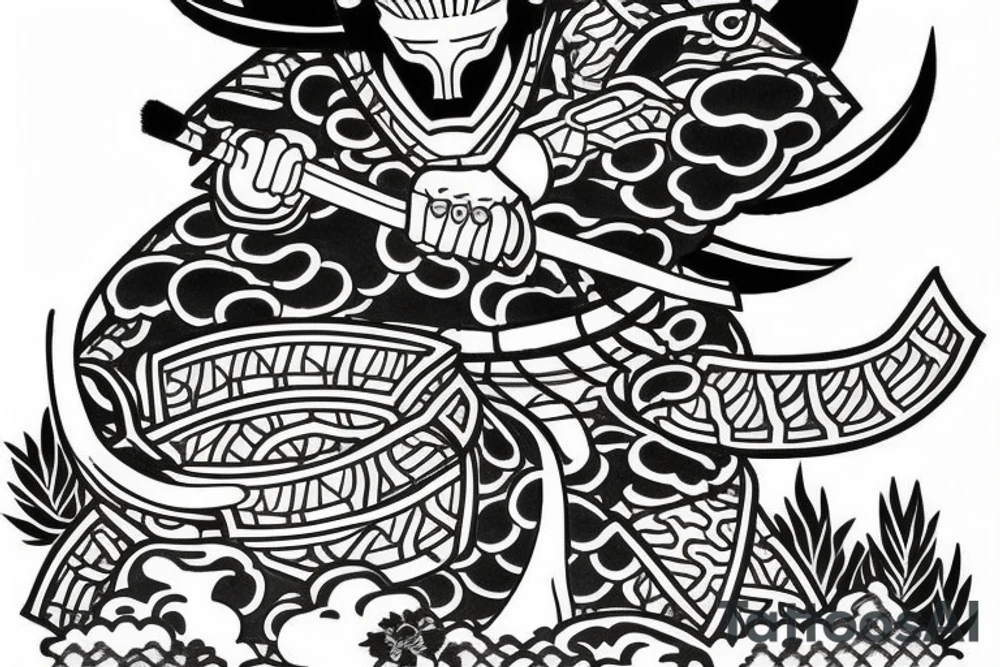 samurai in Japanese style, behind pagoda and sakura tree tattoo idea