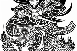 samurai in Japanese style, behind pagoda and sakura tree tattoo idea