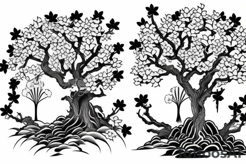 samurai behind pagoda and sakura tree tattoo idea