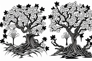 samurai behind pagoda and sakura tree tattoo idea