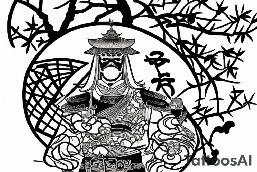 samurai behind pagoda and sakura tree tattoo idea