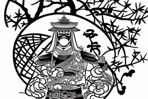 samurai behind pagoda and sakura tree tattoo idea