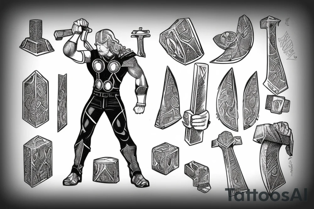 thor standing with mjolnir in hero pose tattoo idea