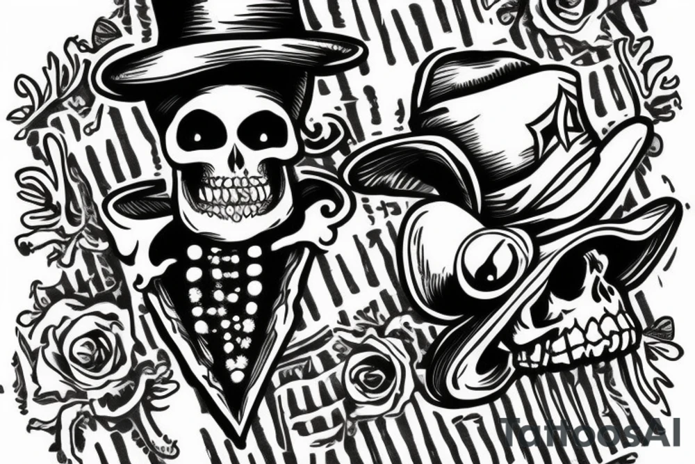 Voodoo skeleton with hat and ace of spades in a saloon poker tattoo idea