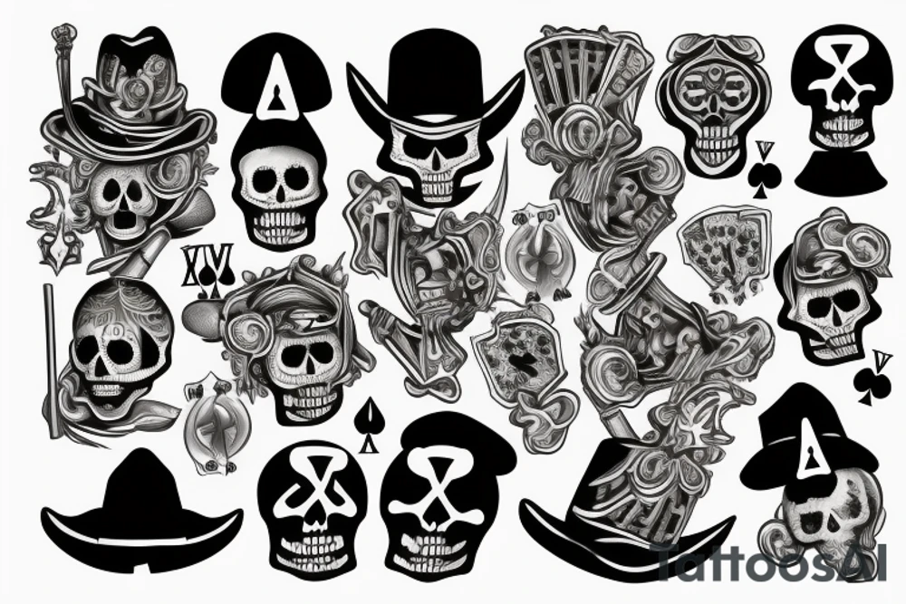 Voodoo skeleton with hat and ace of spades in a saloon poker tattoo idea