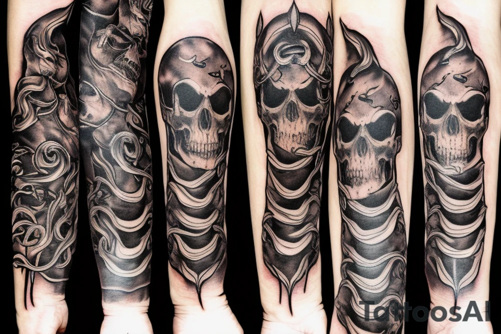 Skull with fire forearm sleeve tattoo idea