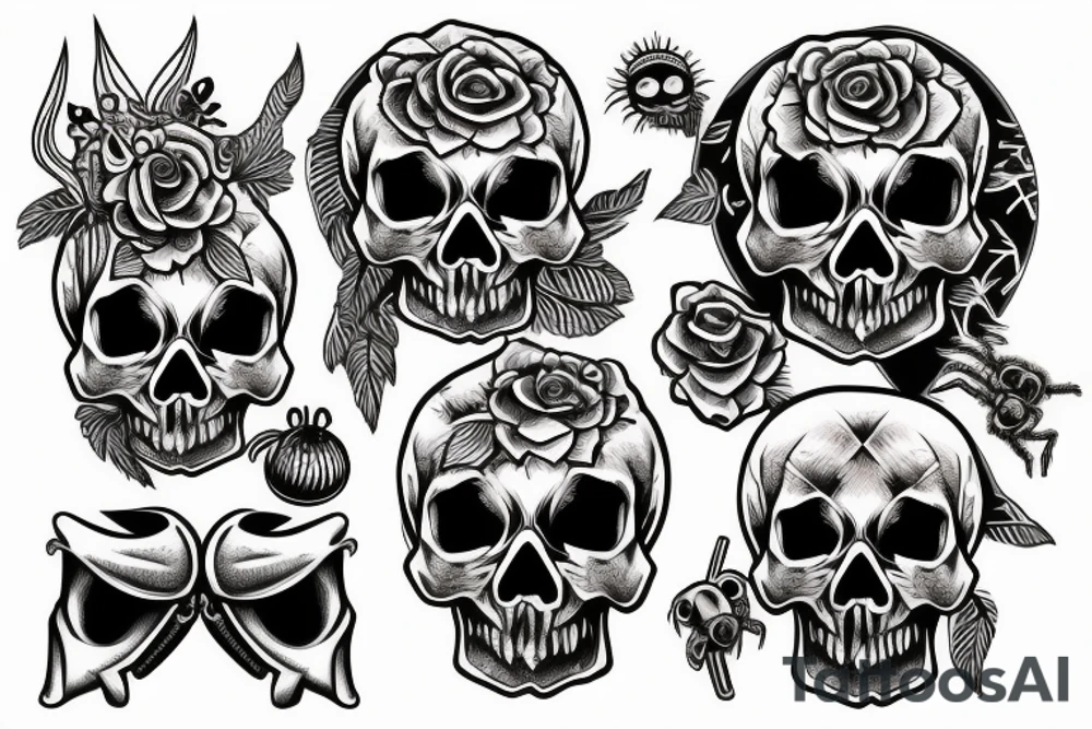 Skull with jewels forearm sleeve and jumping spider tattoo idea