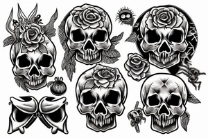 Skull with jewels forearm sleeve and jumping spider tattoo idea