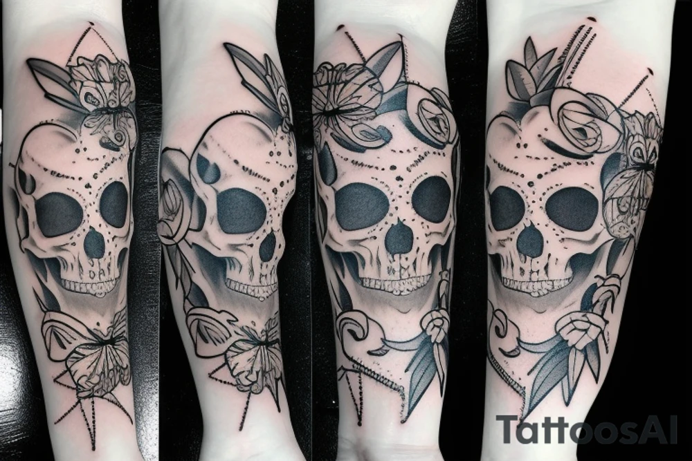 Skull with jewels forearm sleeve and jumping spider tattoo idea