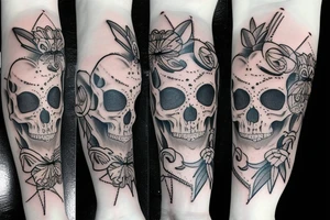 Skull with jewels forearm sleeve and jumping spider tattoo idea