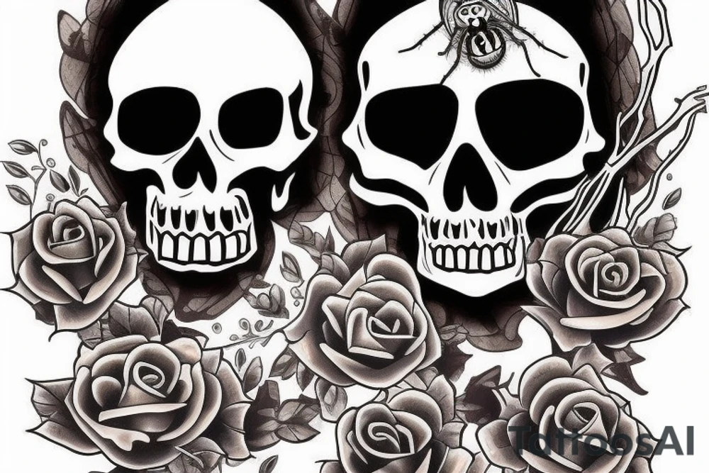 Skull with jewels forearm sleeve and jumping spider tattoo idea