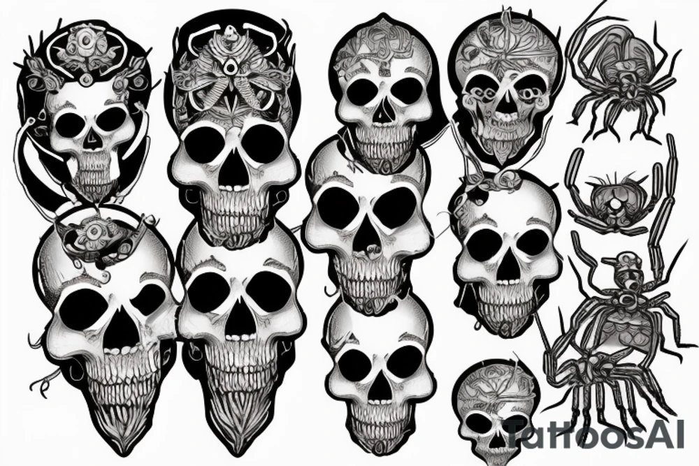Skull with jewels forearm sleeve and jumping spider tattoo idea
