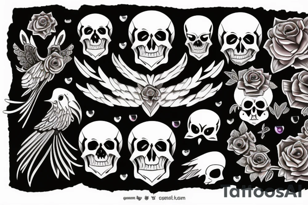 Skull with jewels forearm sleeve and dove tattoo idea