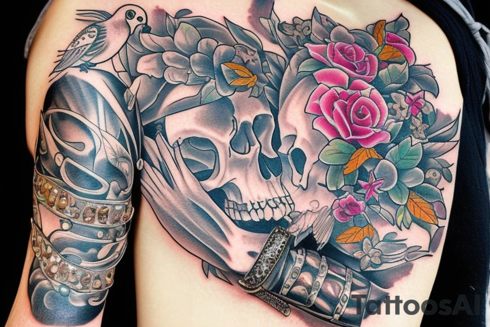 Skull with jewels forearm sleeve and dove tattoo idea