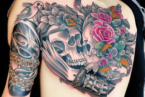 Skull with jewels forearm sleeve and dove tattoo idea
