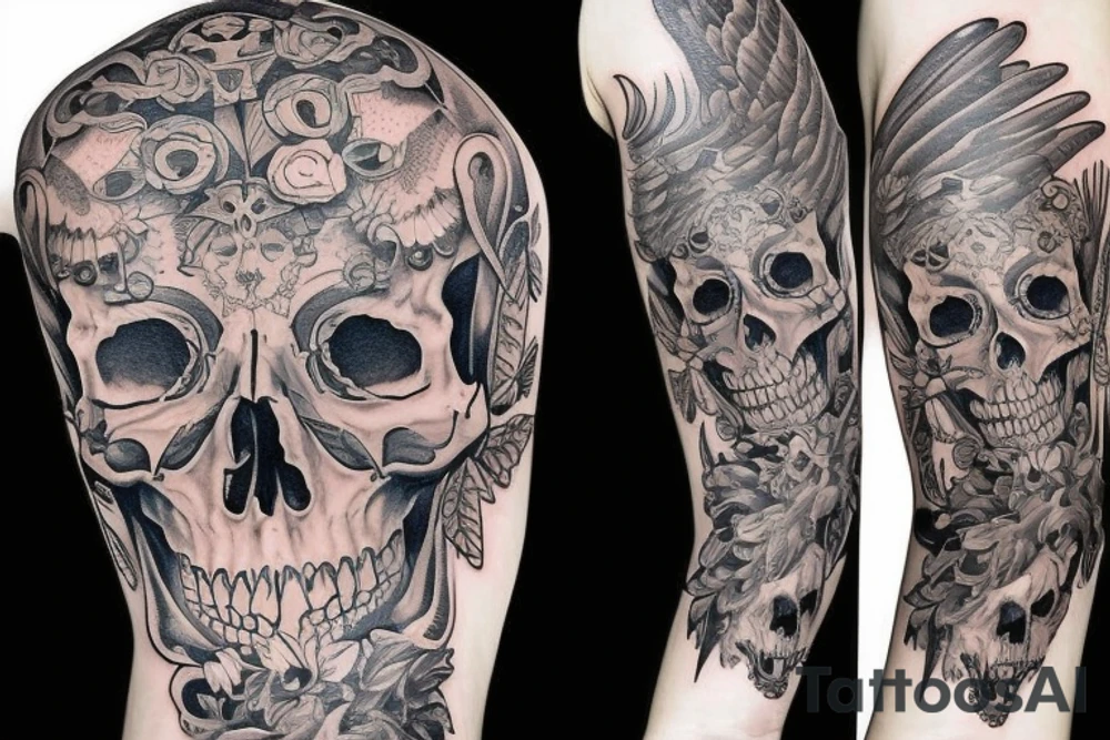 Skull with jewels forearm sleeve with wings tattoo idea