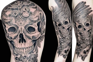 Skull with jewels forearm sleeve with wings tattoo idea