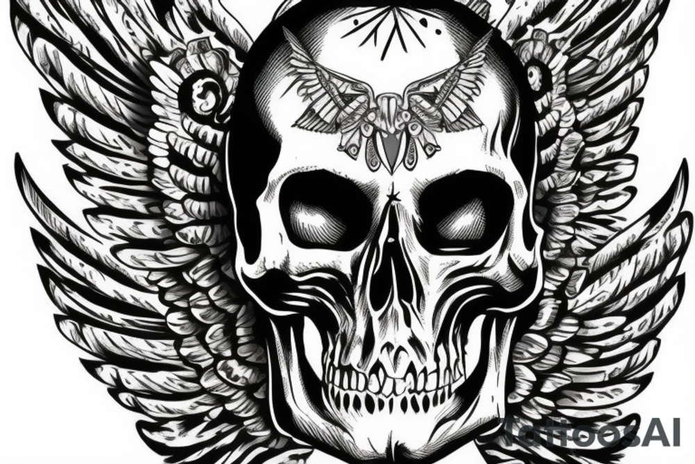 Skull with jewels forearm sleeve with wings tattoo idea