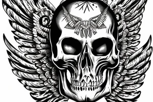 Skull with jewels forearm sleeve with wings tattoo idea