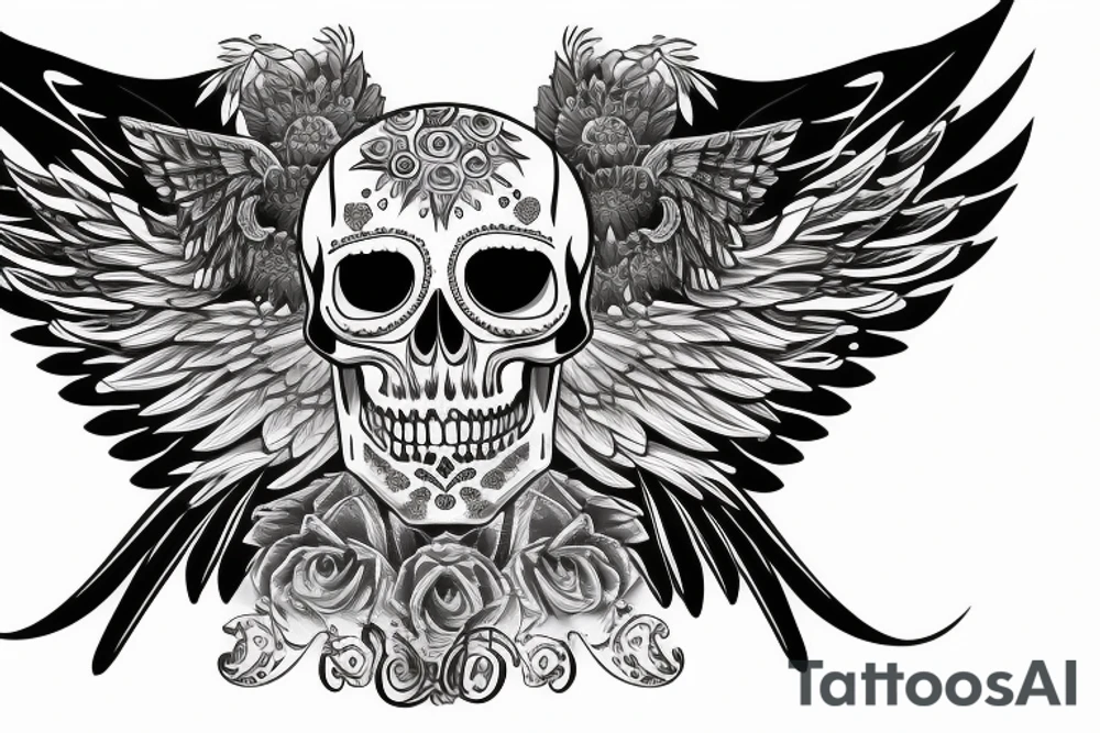 Skull with jewels forearm sleeve with wings tattoo idea