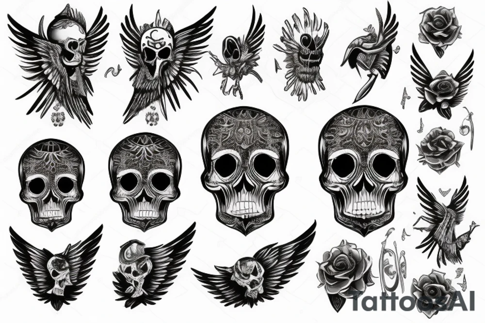 Skull with jewels forearm sleeve with wings tattoo idea