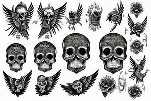 Skull with jewels forearm sleeve with wings tattoo idea