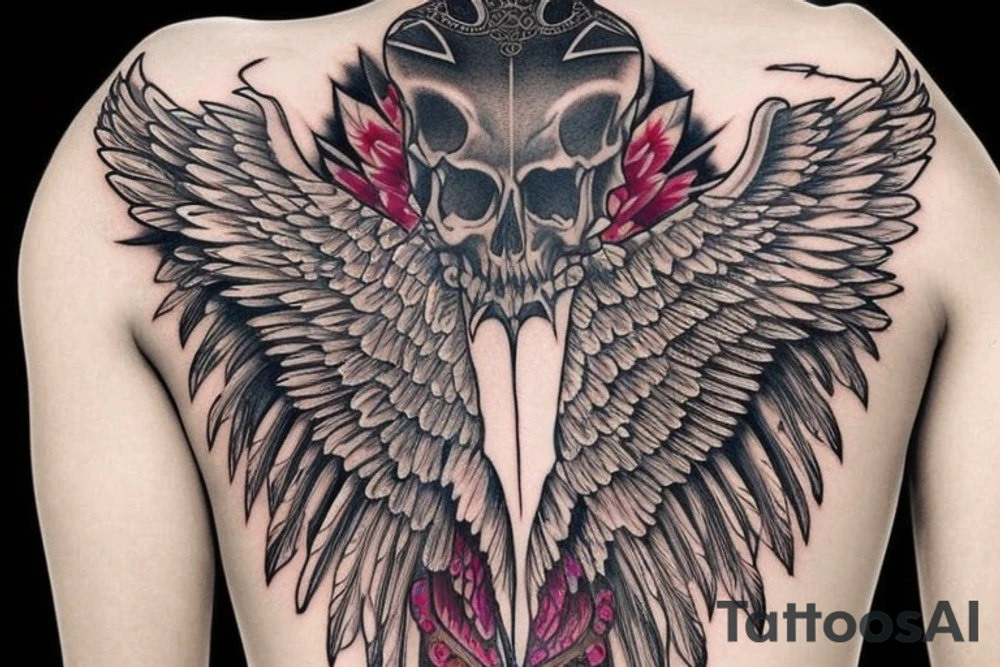 Skull with jewels forearm sleeve with wings tattoo idea