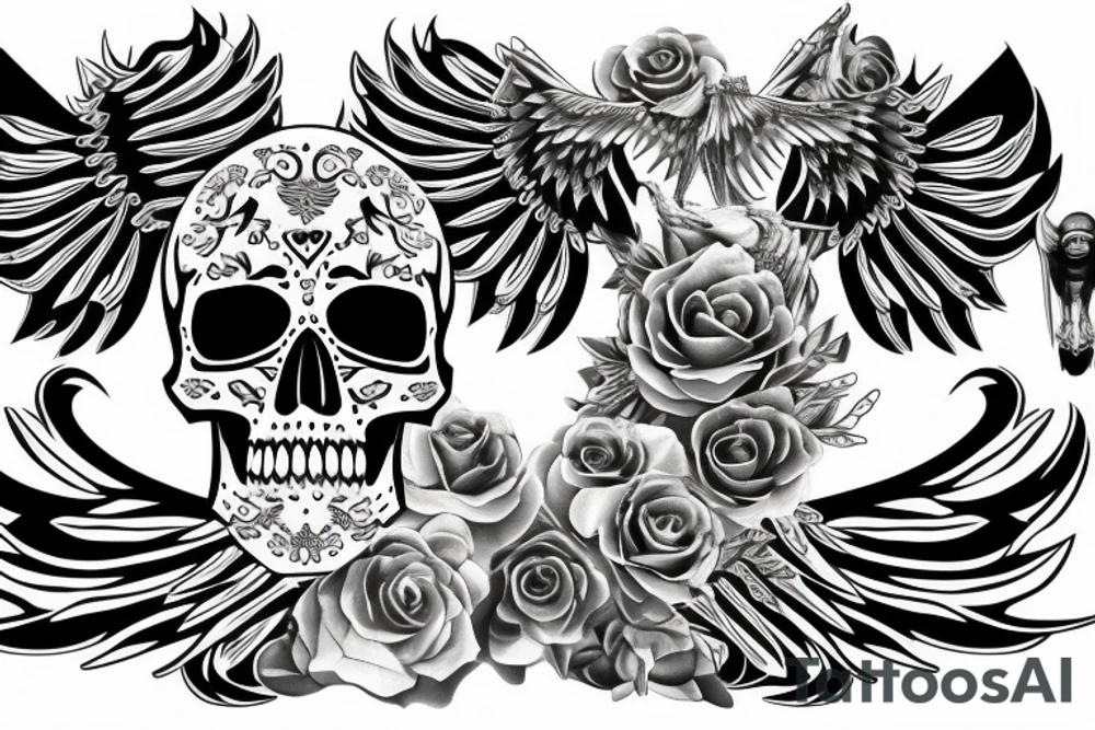 Skull with jewels forearm sleeve with wings tattoo idea