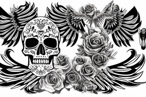 Skull with jewels forearm sleeve with wings tattoo idea