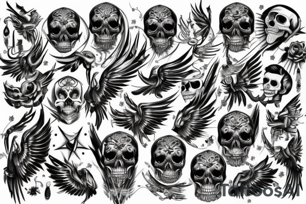 Skull with jewels forearm sleeve with wings tattoo idea