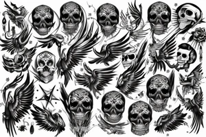 Skull with jewels forearm sleeve with wings tattoo idea