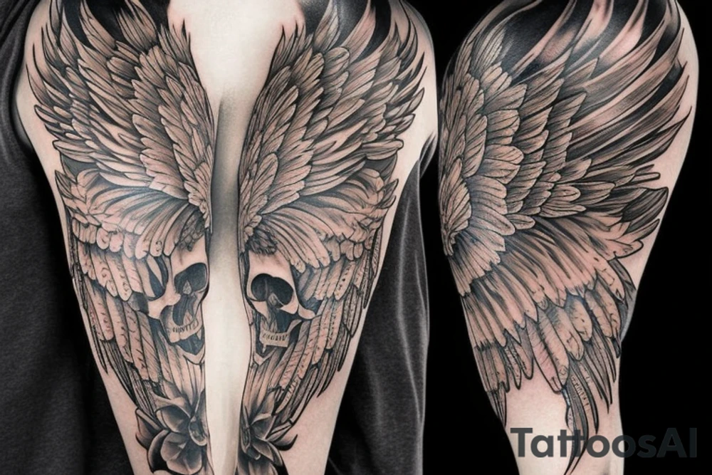 Skull with jewels forearm sleeve with wings tattoo idea