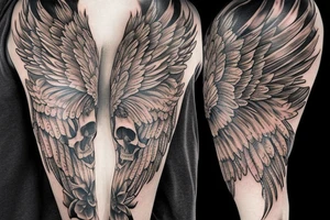 Skull with jewels forearm sleeve with wings tattoo idea
