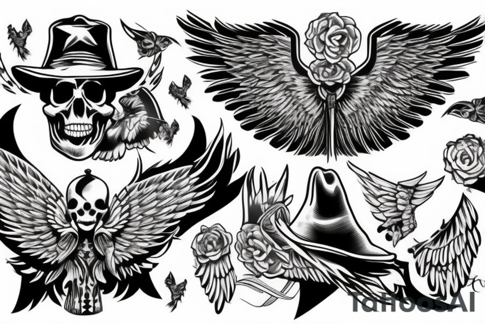 Skull with hat forearm sleeve with wings tattoo idea